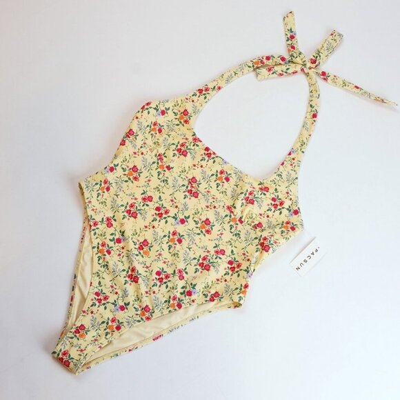 Amor y Besos Penelope Yellow Floral Halter One Piece Cheeky Swimsuit Pacsun - M - Picture 1 of 5